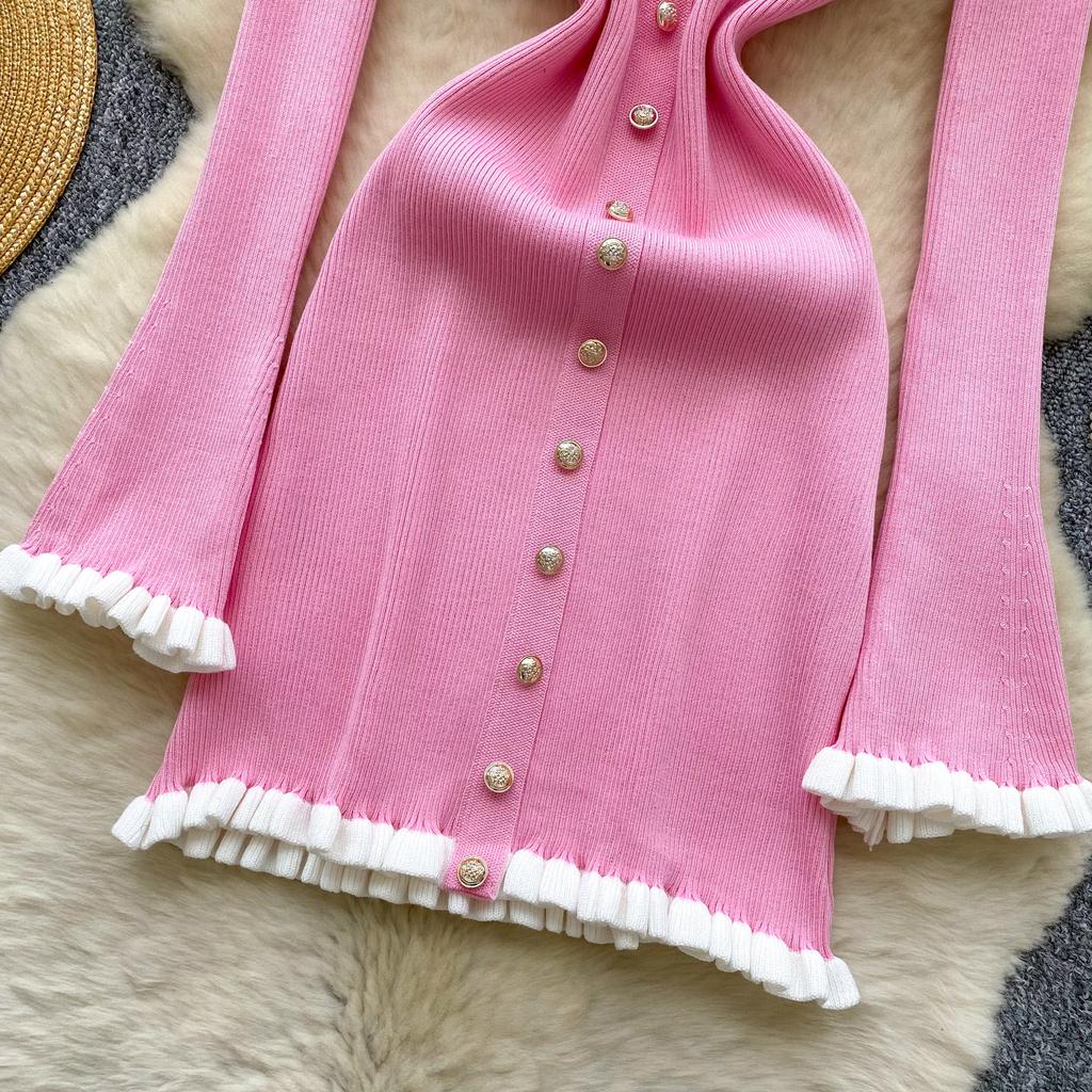 Elegant Knitted Dress for Women Autumn New Ruffle Edge V-neck Slim Long Sleeve Mid Length Ladies Evening Dresses Knitted Sweater