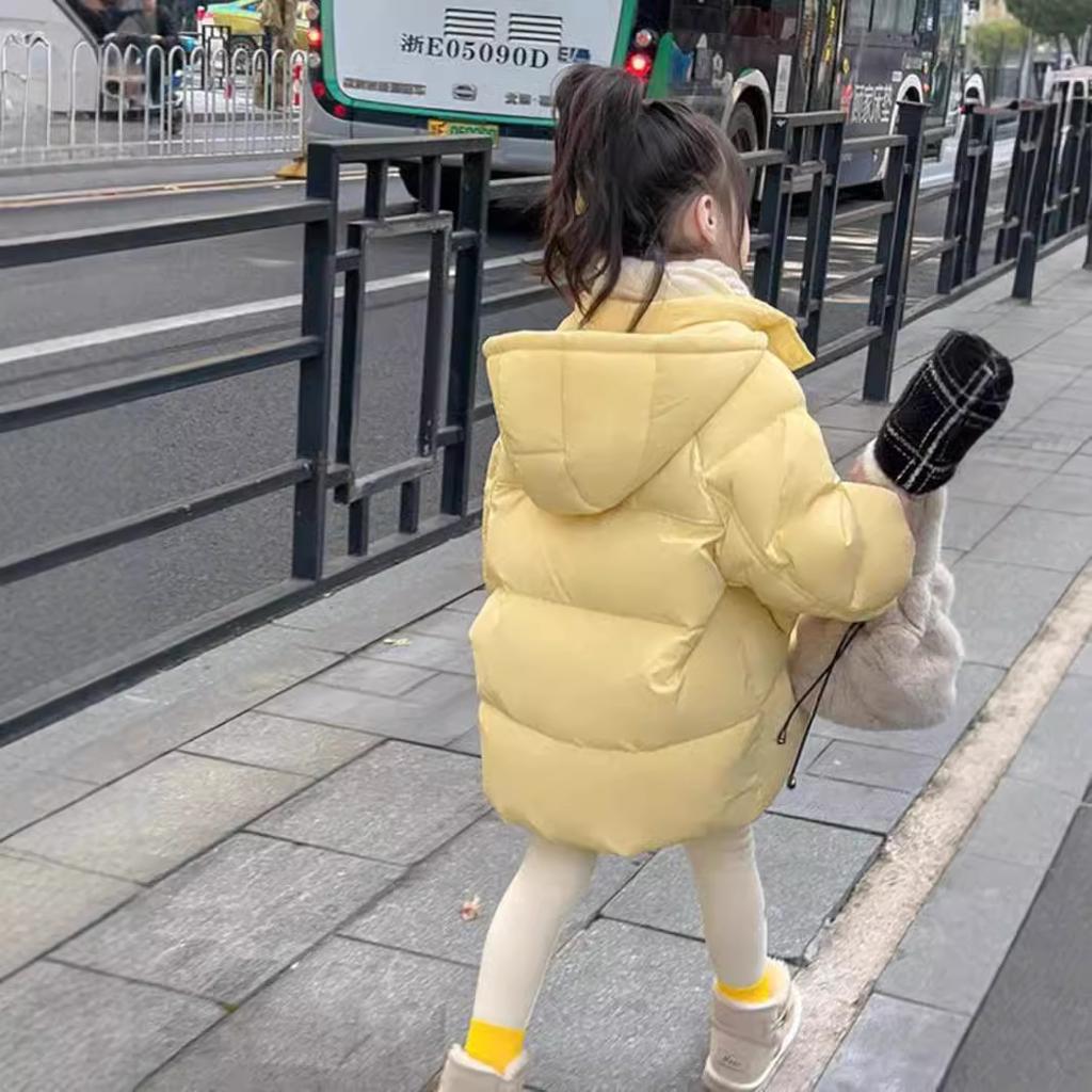 Dívčí tlustá bunda Zimní dlouhá Jednobarevná Hřejivá S kapucí Větruodolný kabát Pro 6-14 let Módní teenagerovská Lyžařská kombinéza