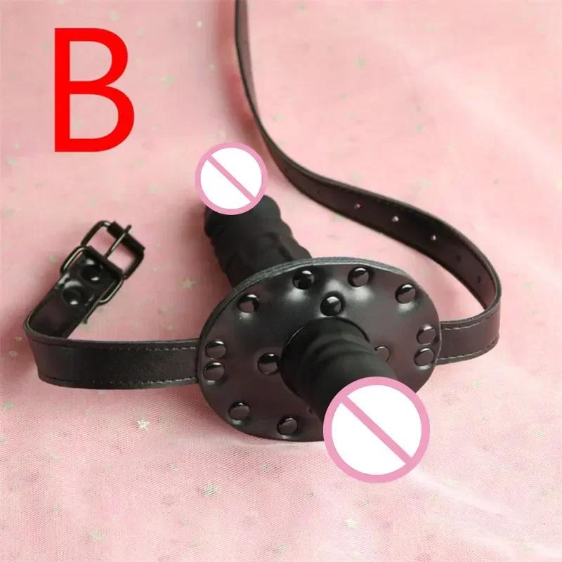 Adjustable Strap-On Dildo Gag Silicone Mouth Bondage Toy for Couple Games Double Dildo