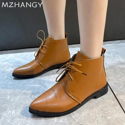 Women Leather Ankle Boots Pointed Toe Chunky Shoes Woman 2025 Trend Fashion Winter Snow Cozy Low Heels Oxford Shoes Mujer Botas