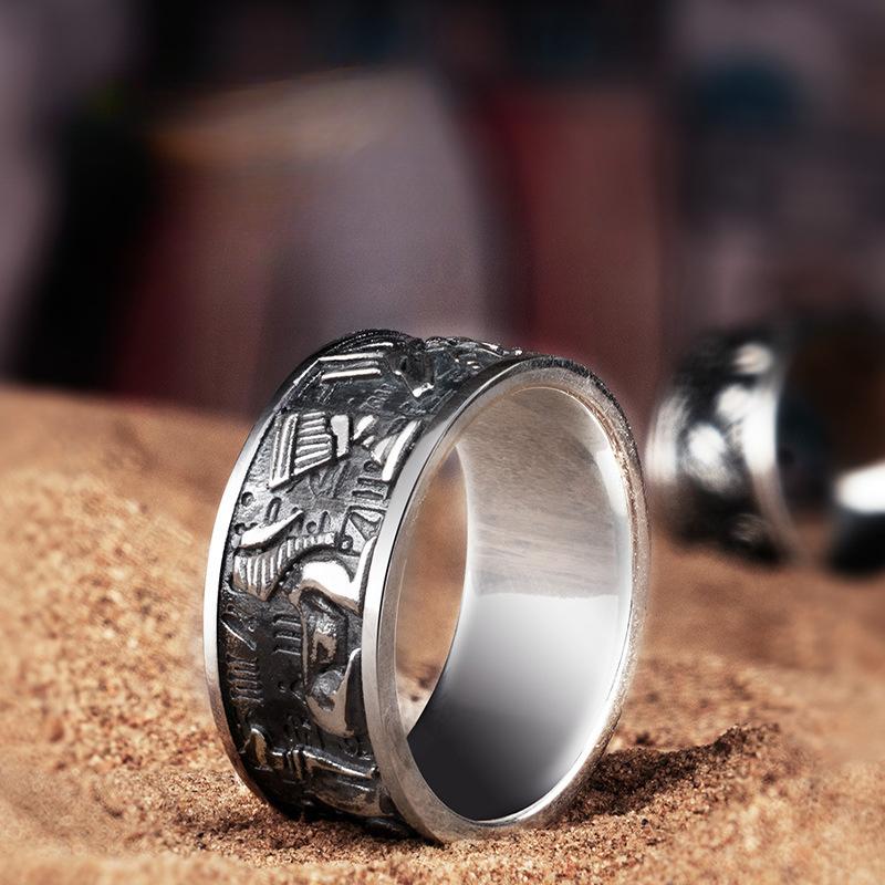 Pierścień Retro Bogów Egipskich w Reliefie dla Mężczyzn, Personalizowany Modny Punkowy Styl Ręcznie Robiony Prezent