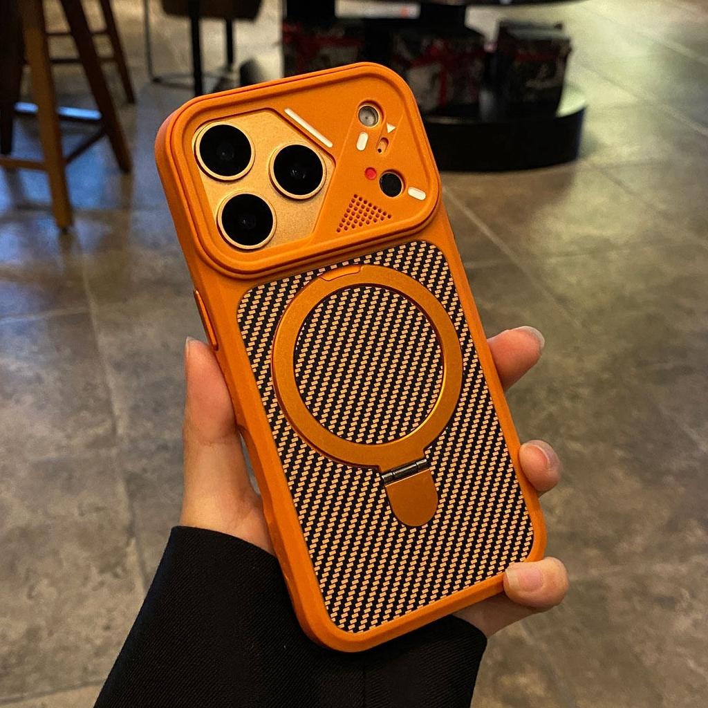 Carbon Fiber Pattern for  Bracket Holder Case for For Iphone 17 Air 12 13 16 Pro Max 1 14 Plus 16E 17E Magnetic Cover