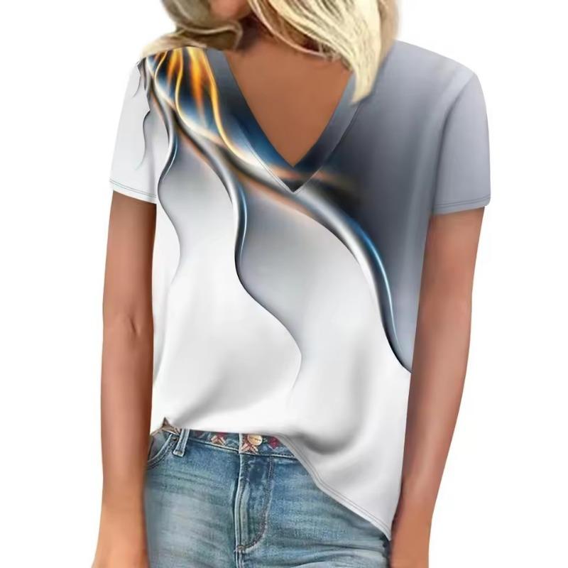 3D T-shirt Women's Summer Leisure Elegant V-neck Short Sleeves Gradient Texture Pattern Top Loose Casual Wear Ladies T-shirt
