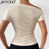 BITCED Spring/Summer Women's Slim-Fit Pleated Asymmetric Hem Short-Sleeved T-Shirt Top
