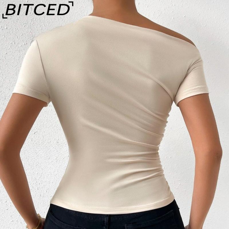BITCED Spring/Summer Women's Slim-Fit Pleated Asymmetric Hem Short-Sleeved T-Shirt Top
