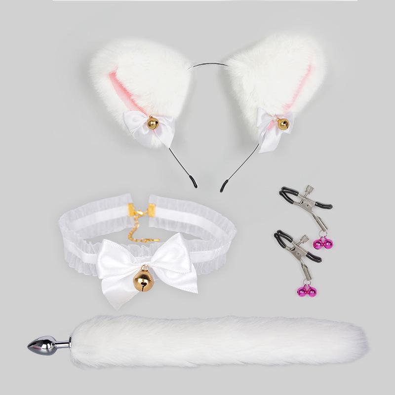 Bondage Katzenanzug mit Schwanz Analplug, Halsband & Knebel