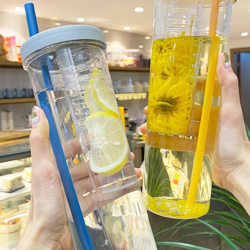 Plastic Water Bottle Portable With Straws Fruit Infuser Tea Juice Cup Fitness Sport Outdoor Travel Bottles Kettle Transparent
