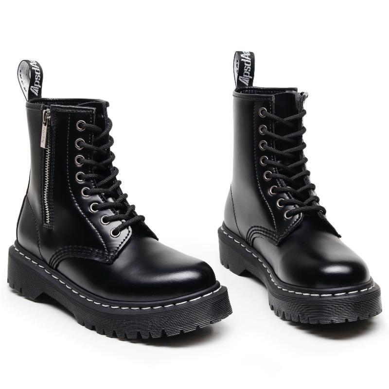 8 Medium and Thick Bottom Side Zipper 1460 Open Edge Bead Martin Boots Women's Locomotive Short Boots, Men's White Line Round Head Tooling Shoes