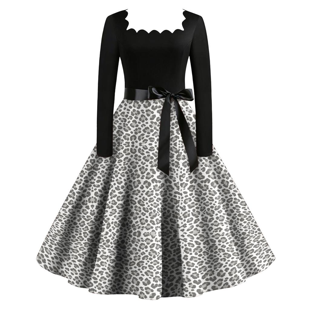 Women's Casual Vintage Leopard Print Long Sleeve Round Neck Dress