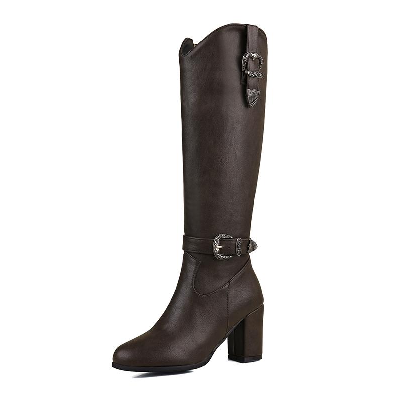 Women's high-heeled boots autumn and winter new solid-color thick-heeled boots versatile large-size Roman medium boots