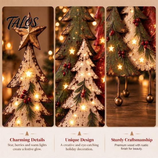 Unique Christmas Tree Ornaments Lighted Wooden Ornament, Rustic Holiday Wall Decoration with LED Yard Festive Decorations Light for Home Living