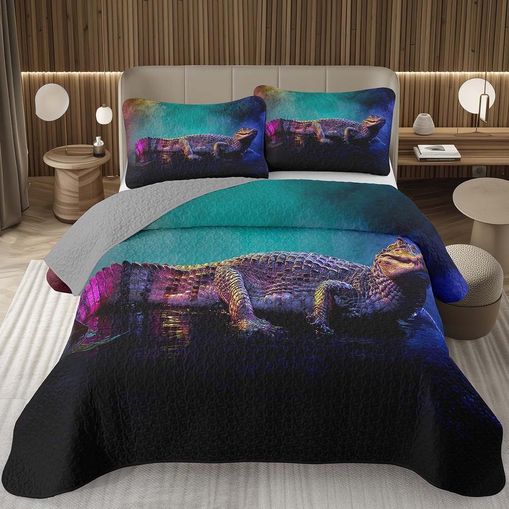 Teens Krokodil Tagesdecke Alligator Muster Tagesdecke Set Full Queen Größe Wildtier Gestepptes Bettwäscheset für Kinder Jungen Mädchen