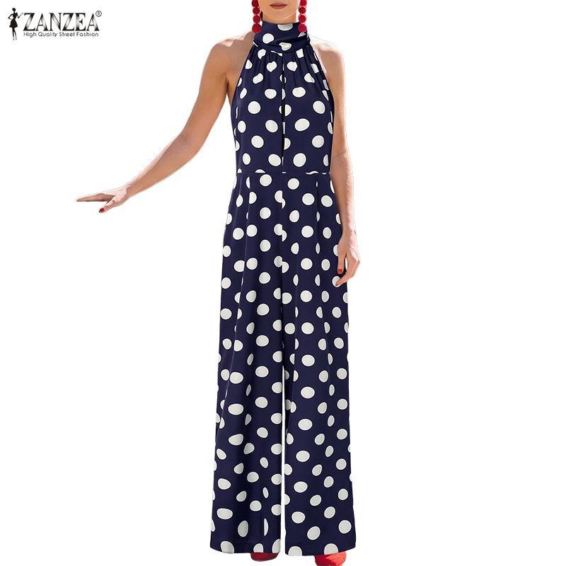 ZANZEA Tute lunghe da donna eleganti senza maniche con spalle scoperte e stampa pois