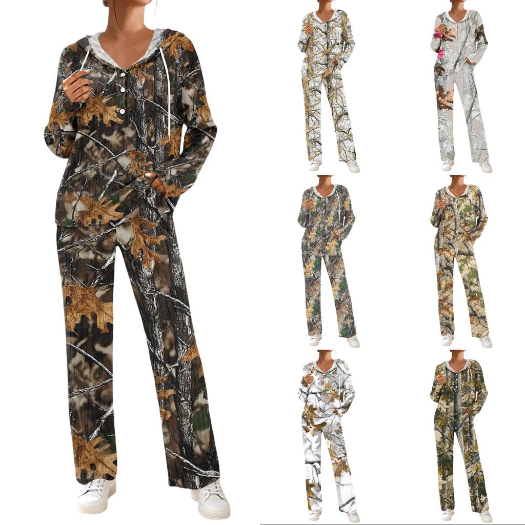 Women's V-Neck Print Long Sleeve Hooded Pajama Set with Pockets, Loose Fit Casual Wear