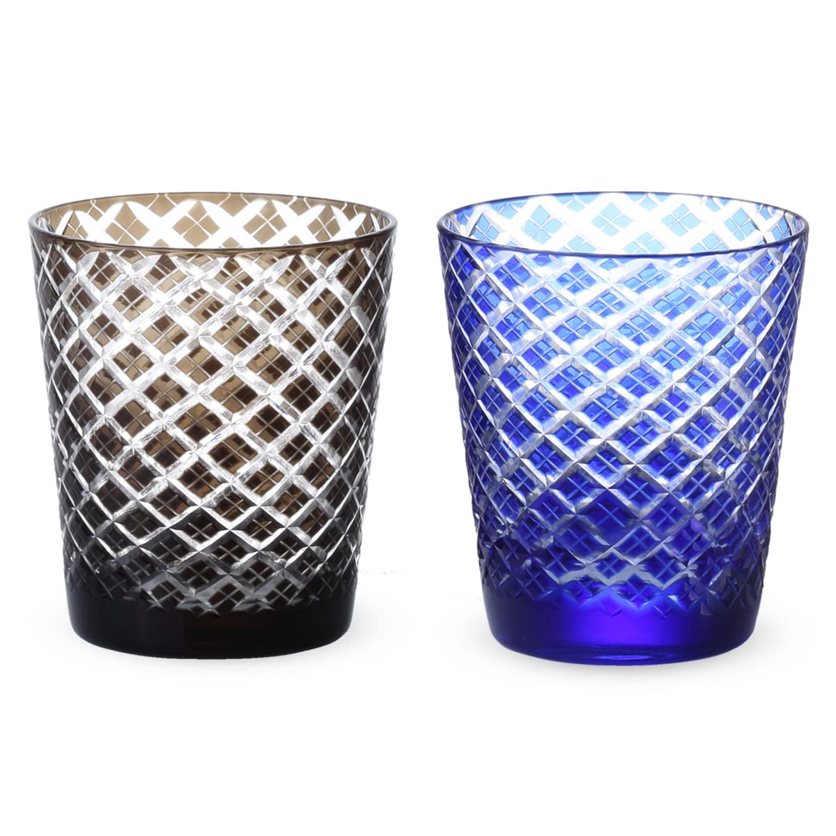 

Nostalgia Cut Glass Pair Cups 220cc Diamond Pattern Brown Blue Bishou Current Model J-kitchens 79xH90mm &