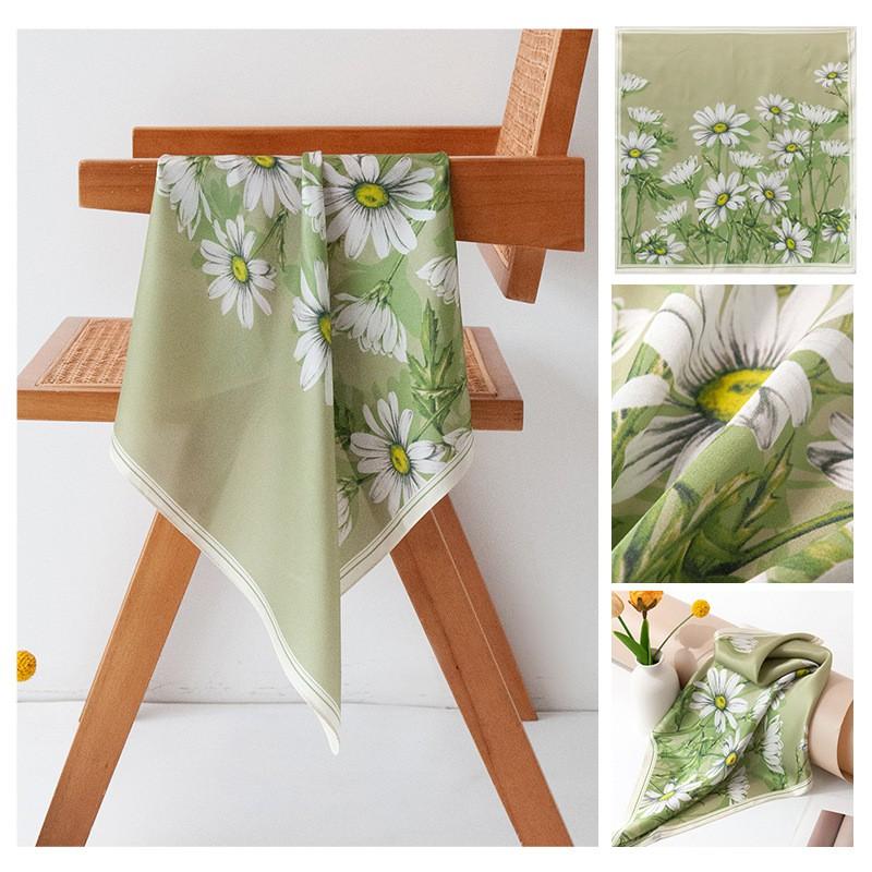 Mulberry Silk Scarf Green Daisy Print Square Neckerchief Elegant Fresh Style Women