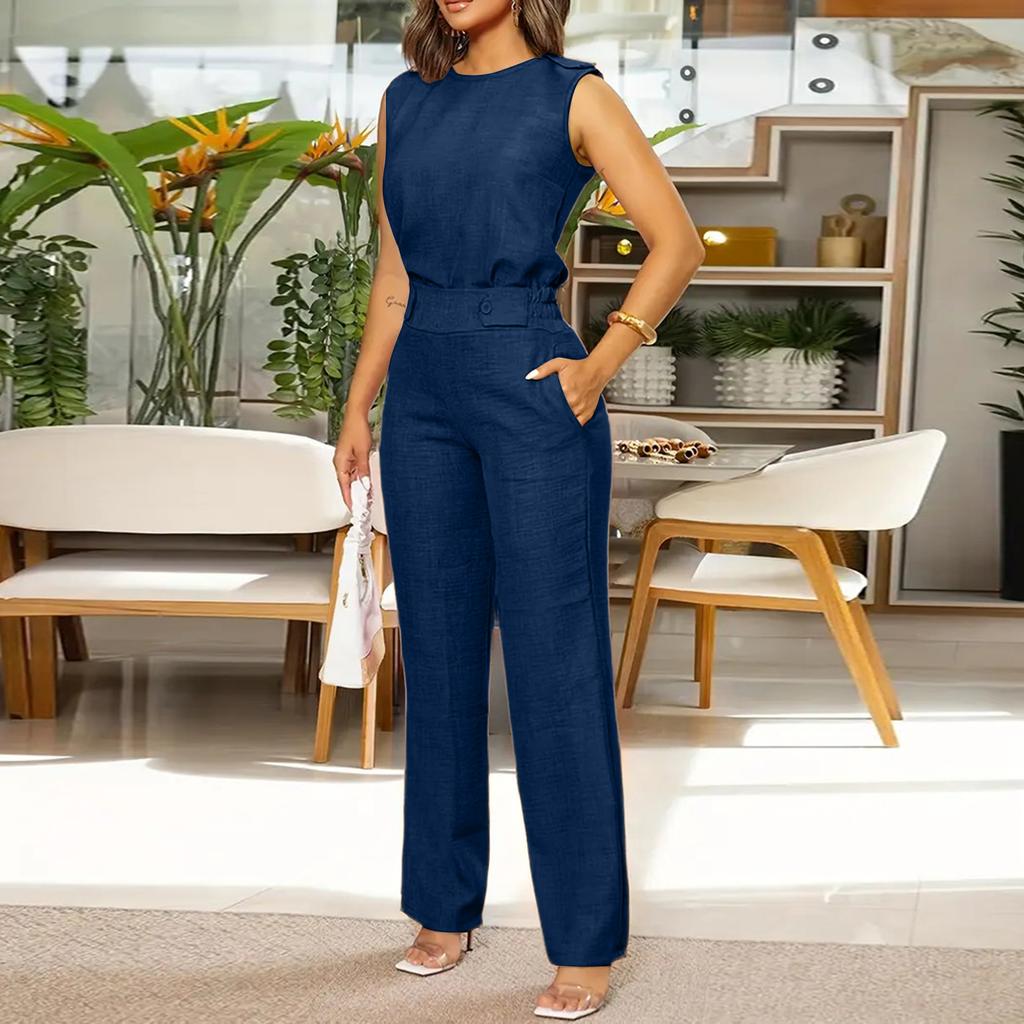 Women's Color Fashion Sexy Back Beltless Sleeveless Wide Leg Set