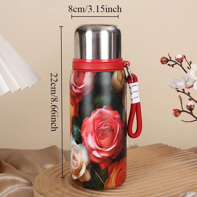Retro and Bustling High-value Insulated Cup with Creative Rose Pattern Double-layer Water Cup Car Portable Drawstring Stew Cup