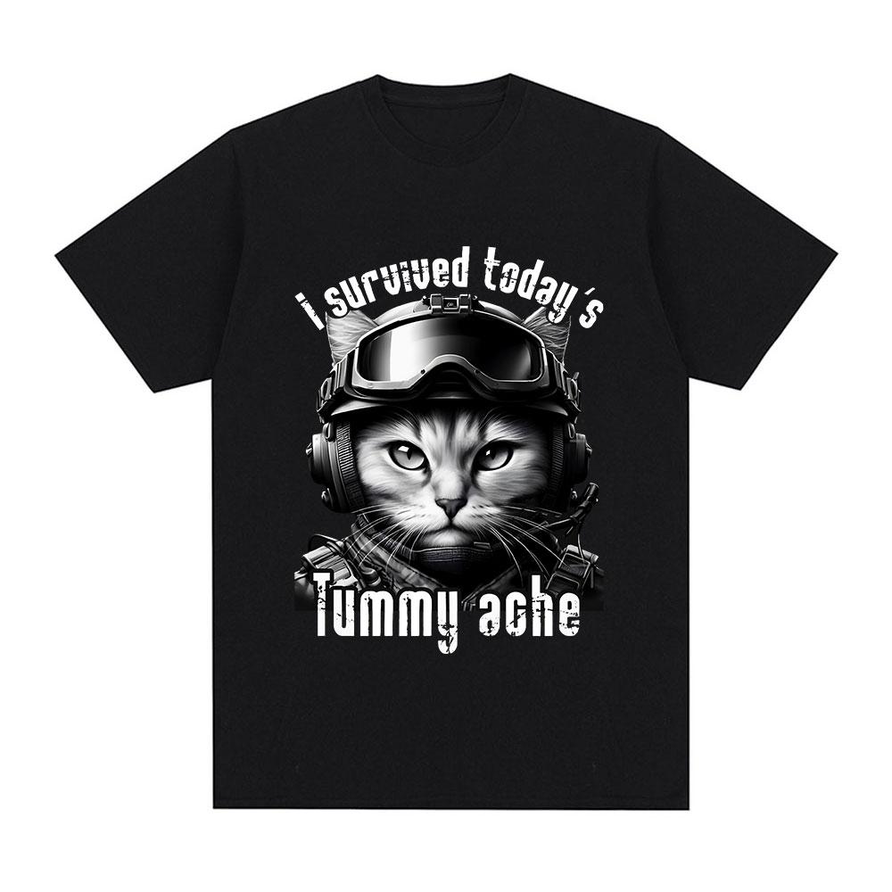 I Survived Today's Tummy Ache T-Shirt Funny Cat Meme Short Sleeve T Shirt Men Women Cotton Casual Oversized T Shirts Streetwear