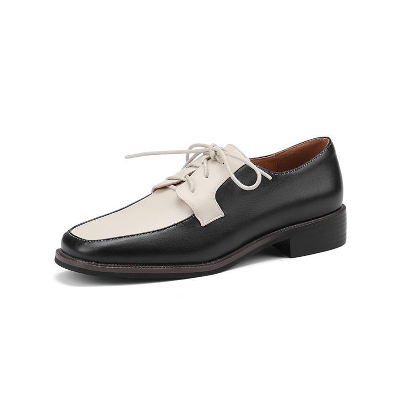 

Модная женская новая весенне-осенняя обувь Оксфорды с квадратным носком на шнуровке на среднем каблуке, плюс цветные блоки, повседневные и удобные 205 чёрный