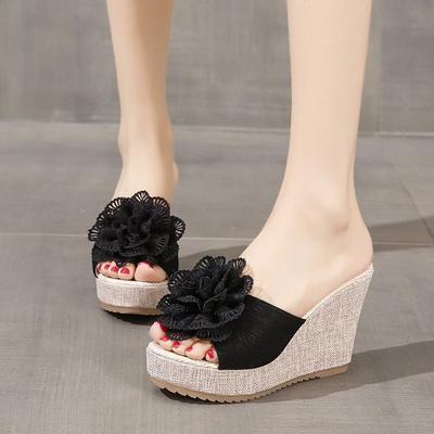 Wedge Heel Fish Mouth Thick Bottom One-word Slippers Women's 2025 Summer New Korean Version Muffin Bottom High Heel Flower Cool Slippers