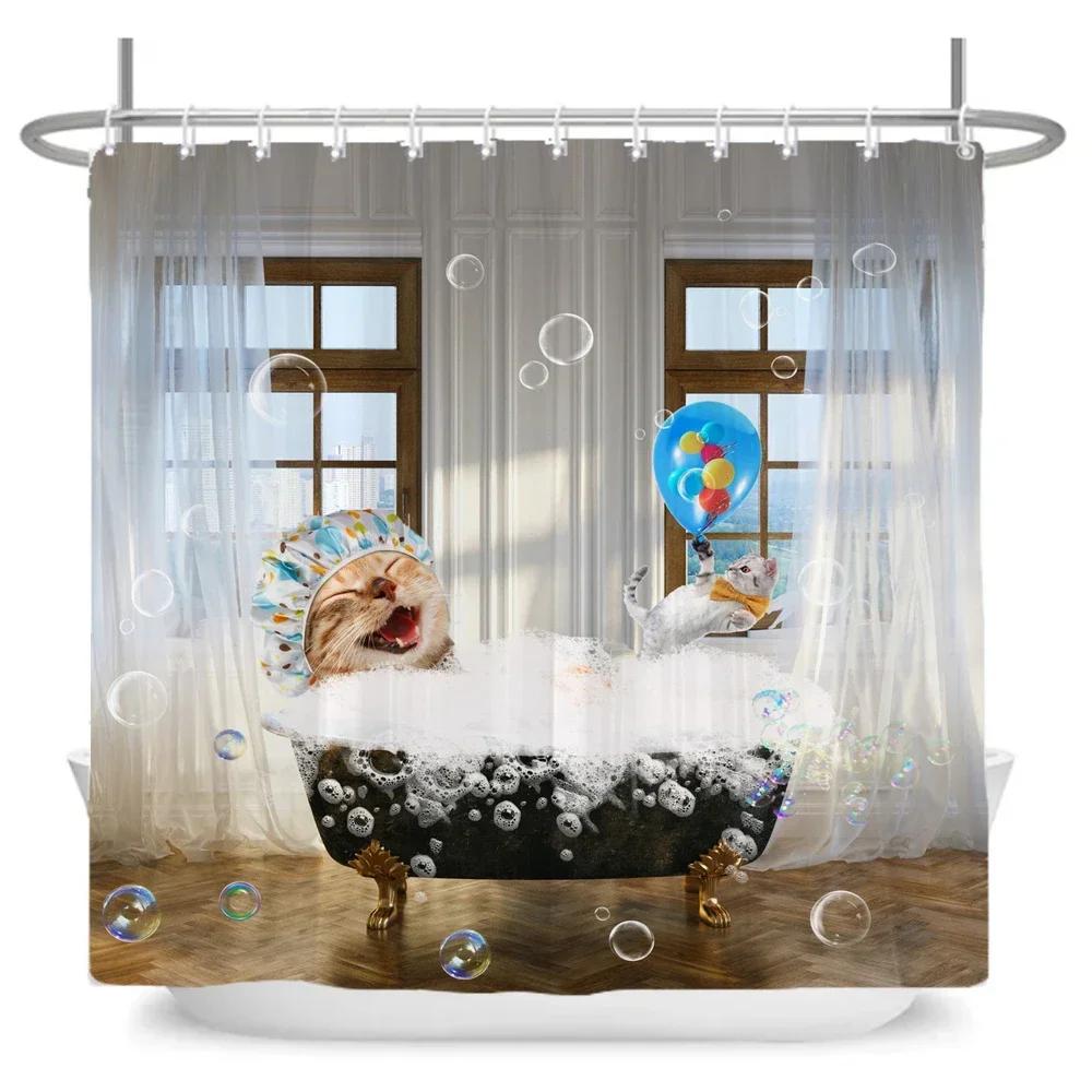 Funny Cute Cartoon Bathing Cat Dog Shower Curtains Bathroom Bathtub Decoration Waterproof Bath Curtain Home Decor With Hooks