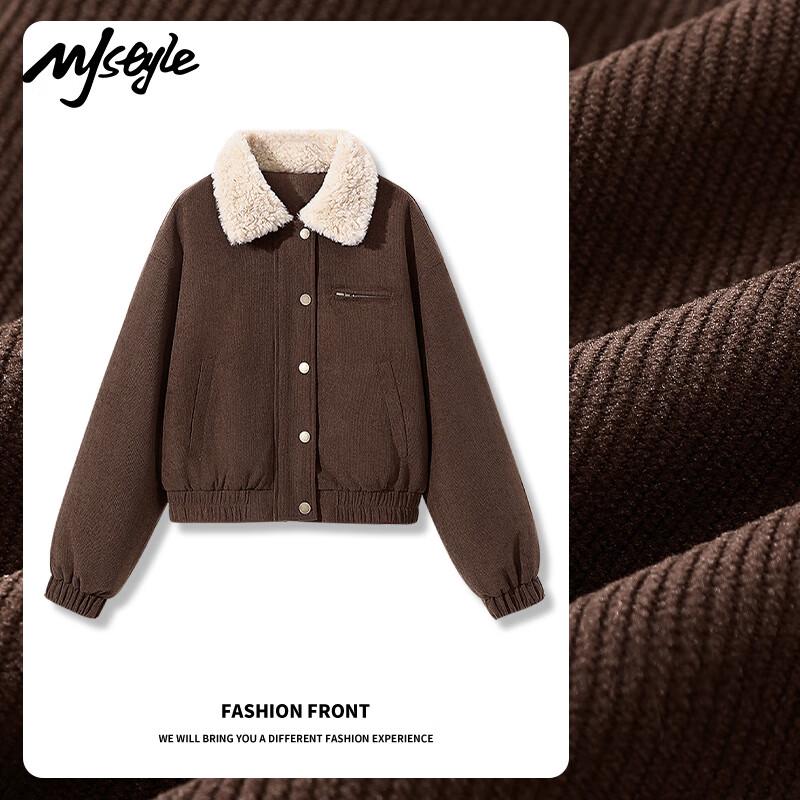 

MJ STYLE Women s Vintage Corduroy Faux Shearling Collar Jacket L