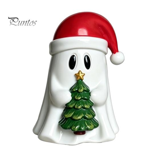 Handcrafted Resin Ghost Statues Christmas Figurine, Cute with Santa Hat Holding Gift Box Modern Minimalist Holiday Decor & Tree, Tabletop Ornament,