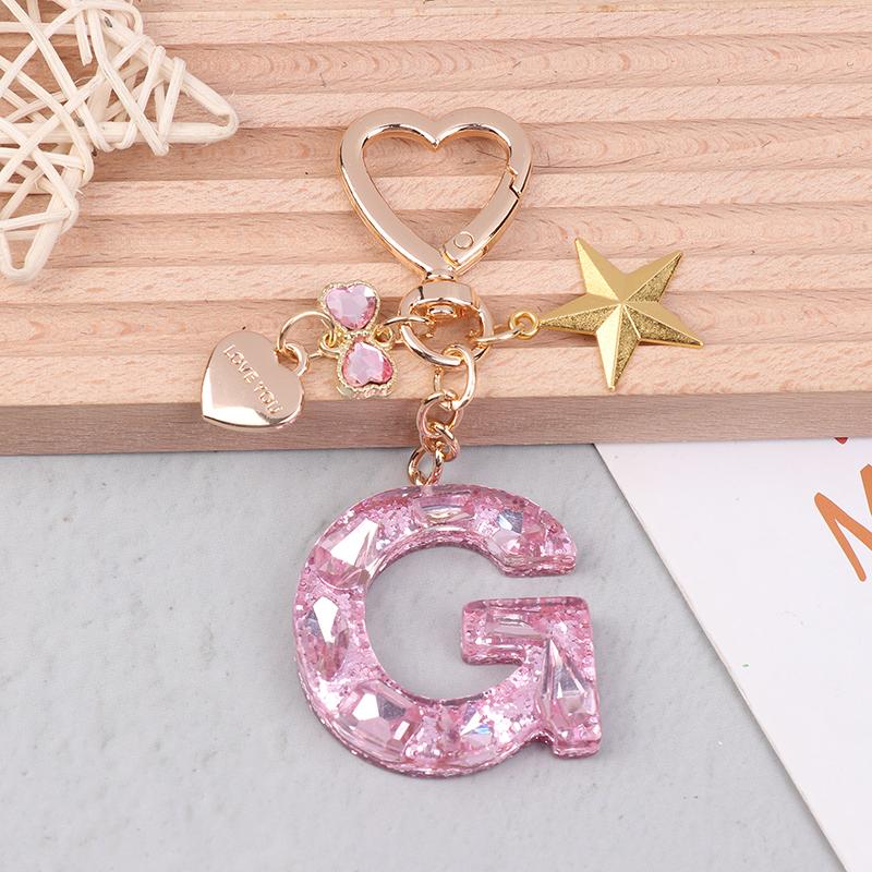 Cute  Bling Keychain A To Z Initial Letter Love Heart Star Pink For Women Girls Bag Cup Pendant Key Chain Accessories