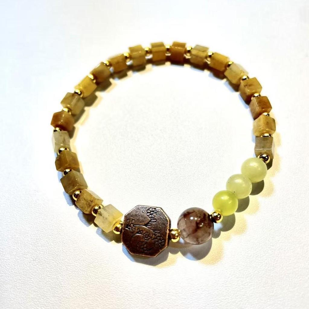 Natural Yellow Jade Square Bracelet: European & American Niche Style, Original Fashion Design.