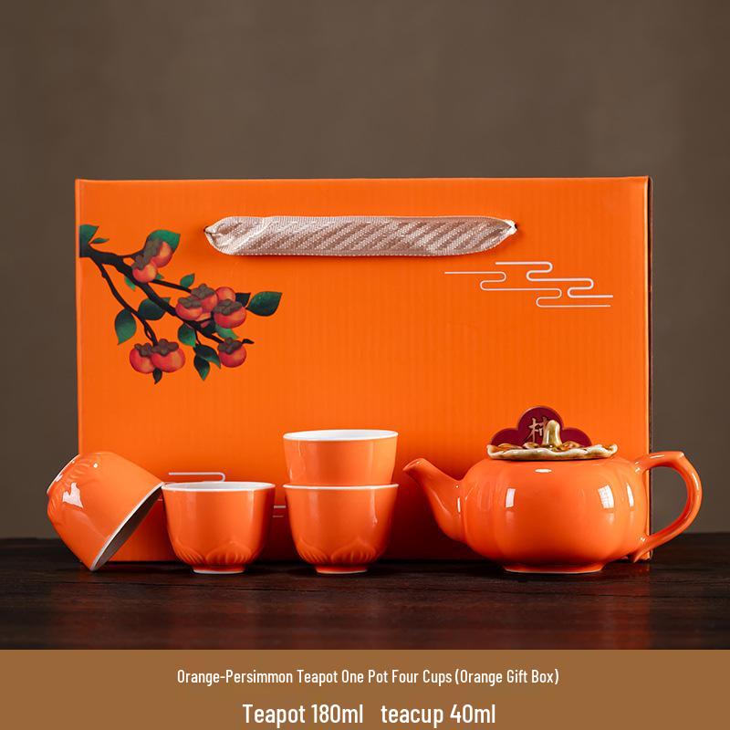 Persimmon Tea Set - Festive Ruyi Design, Custom Ceramic Gift Box for Weddings & Souvenirs