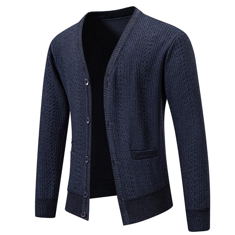 Autumn Winter Men's V-Neck Sweatercoat Casual Knit Cardigan Solid Color Single Breasted Thick Fleece Warm Knitted Sweater Jacket