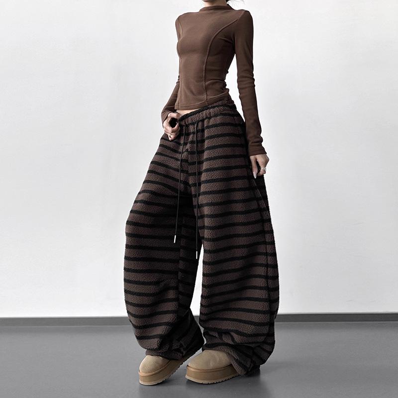 2025 Korean Style Women s Lambswool Striped Wide Leg Pants - Casual, Slimming, Drawstring, Versatile, Trendy. XL