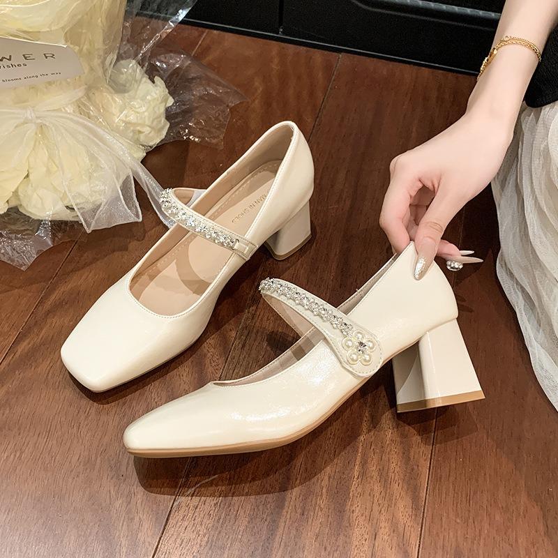 Leather Summer Women's Shoes New Shallow Mouth Mary Jane Single Shoes One-word Skirt Thick Heel Single Shoes Women