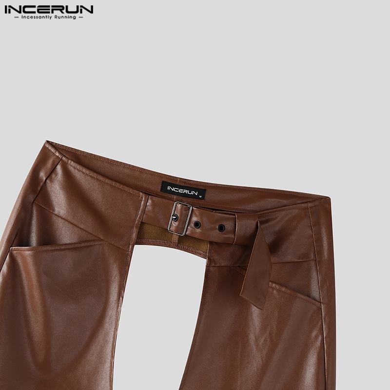 INCERUN Men Zip-up Waist Crotch Cutout PU Leather Party Long Pants Trousers