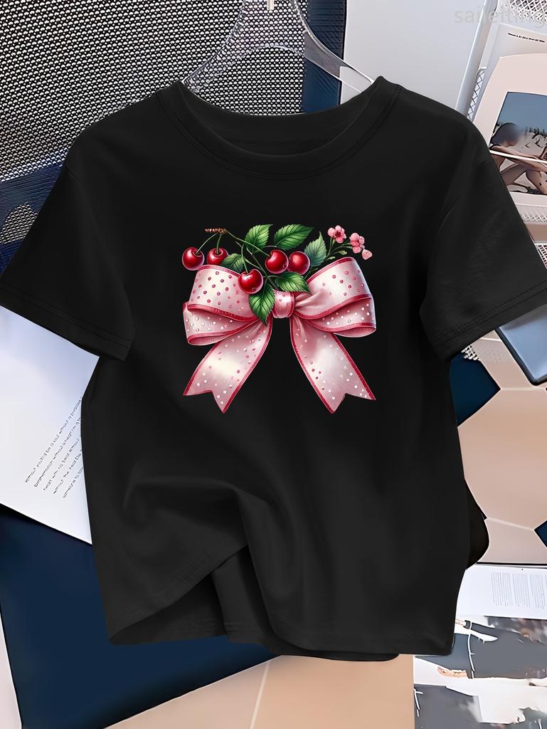 Unisexs Black Casual Short Sleeve TShirt with Pink Bow Cherry Blossom Print Summer Short Sleeved Harajuku Streetwear Tops Tees