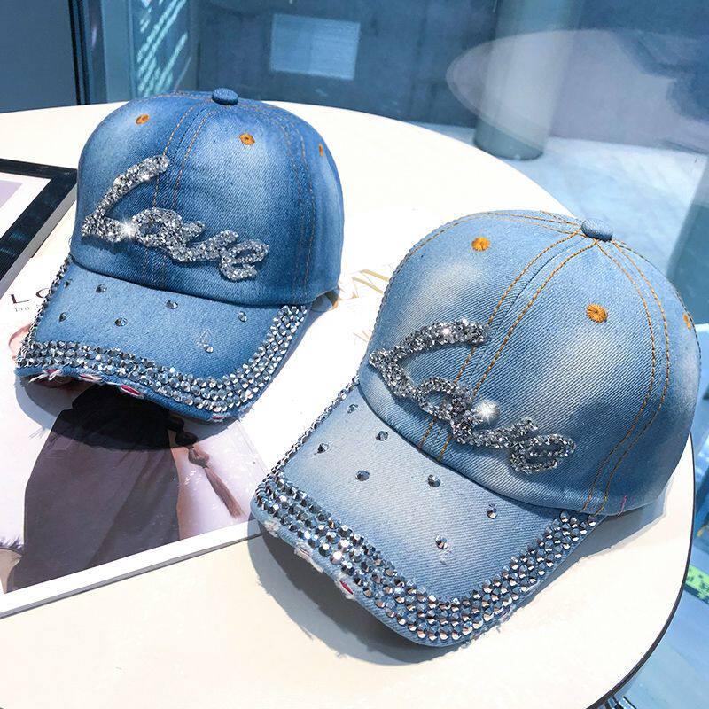 Women Punk Shiny Rhinestone Denim Baseball Cap Hip Hop Star Snapback Peaked Hat Adjustable Unisex  Korean Girl Dad Trucker
