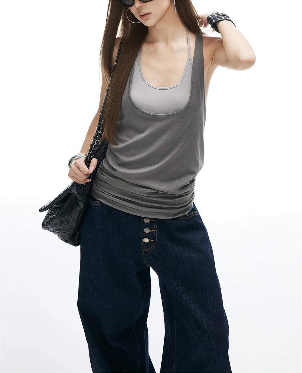 European & American Style Halter Neck Layered Vest - Spicy Girl Slimming Summer Top Small серый