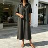 Abito estivo in cotone e lino da donna, manica corta, bottoni, colletto, midi, casual, svasato, linea ad A, ampio, da vacanza