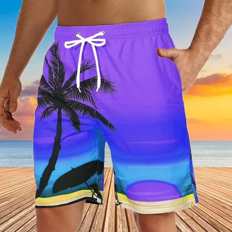 2026 Summer Men's Quick-drying Blue & White Stripe Beach Bermuda Shorts with Elastic Waist