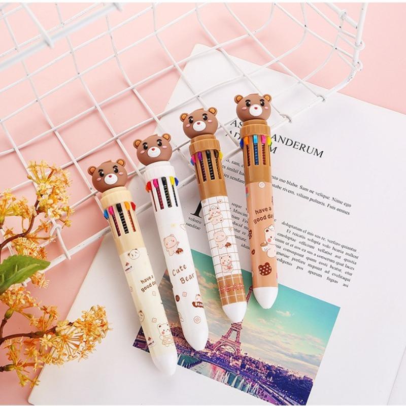 1 Pc Little Bear Ten Color Ballpoint Pen Fluent Writing Suitable for Office Work, Brushing Questions, Signing Writing, Diaries, Notes, Student Class