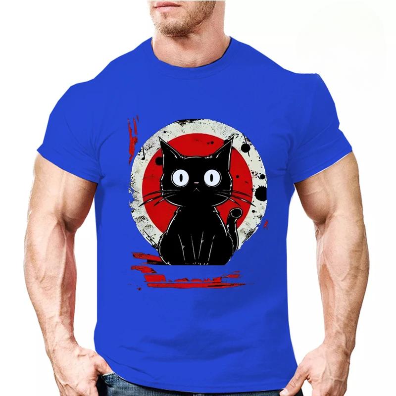 Summer Round Neck 3D Japanese Black Anime Cat Pattern Print Top Fashionable Casual Short Sleeved Men's T-shirts