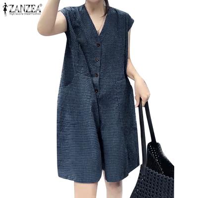 Women Casual Short Sleeve Grid Print Wide Leg Jumpsuits