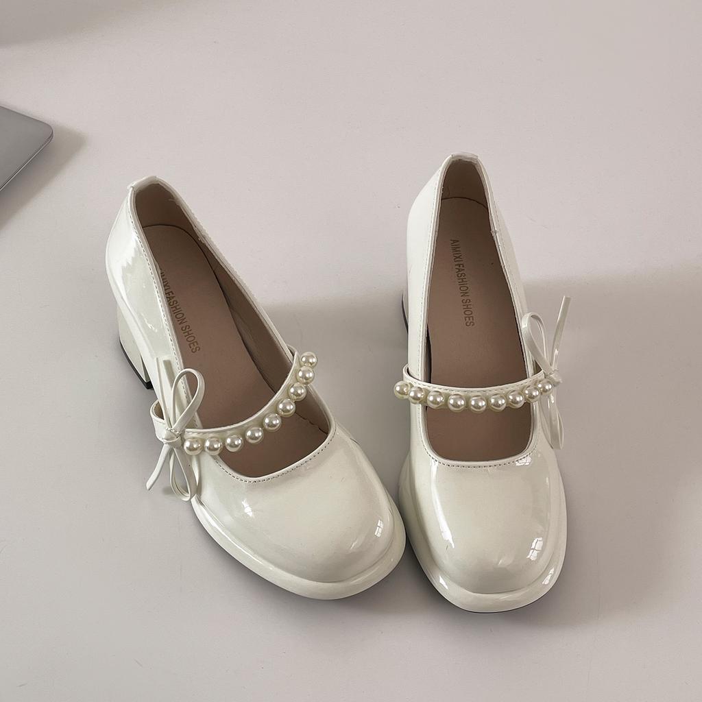 Black French Retro Rough High Heel Light Mouth Single Shoes Women's 2025 New Summer with Skirt Bow Mary Jane Shoes