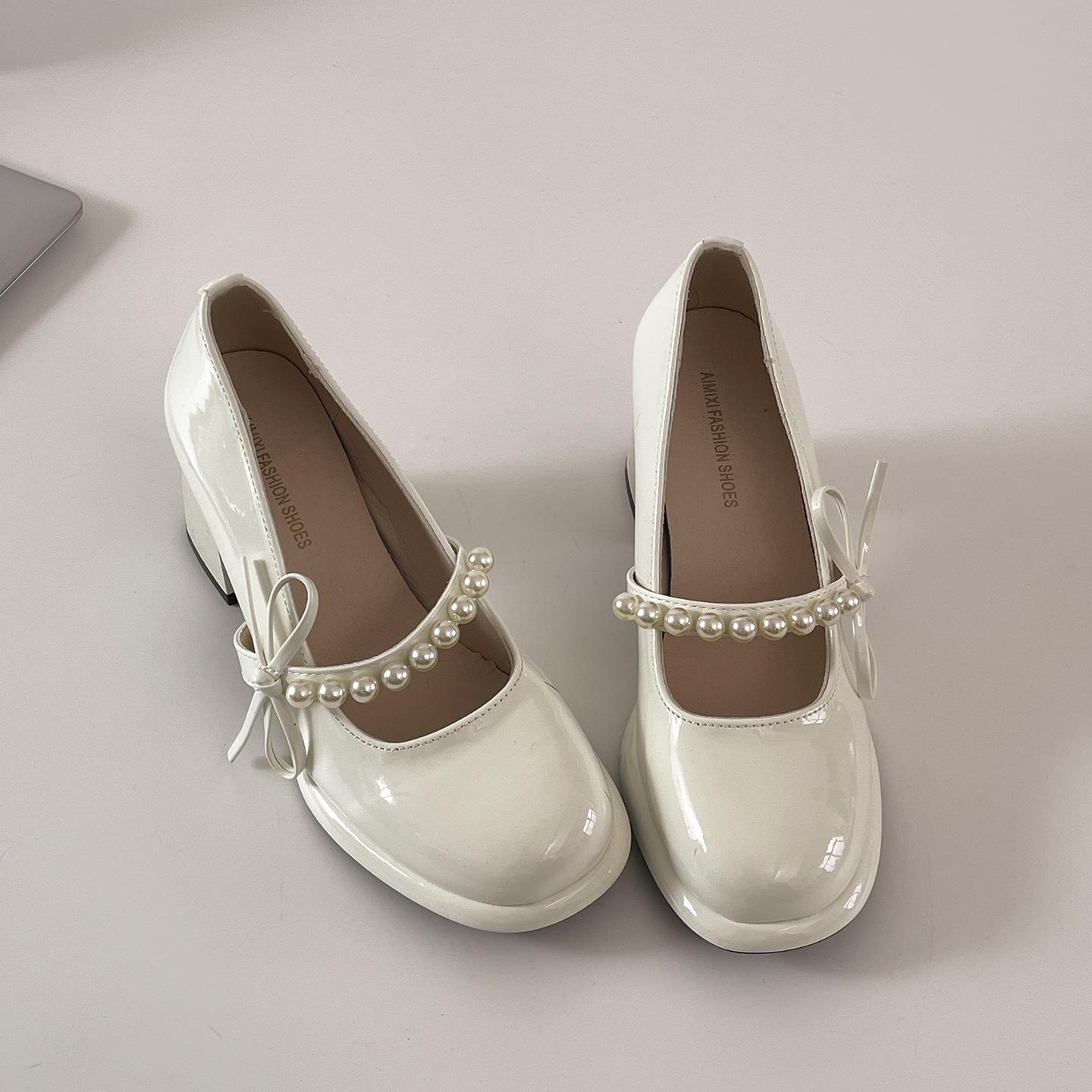 

Black French retro rough high heel light mouth single shoes women s 2025 new summer with skirt bow Mary Jane shoes 39 бежевый