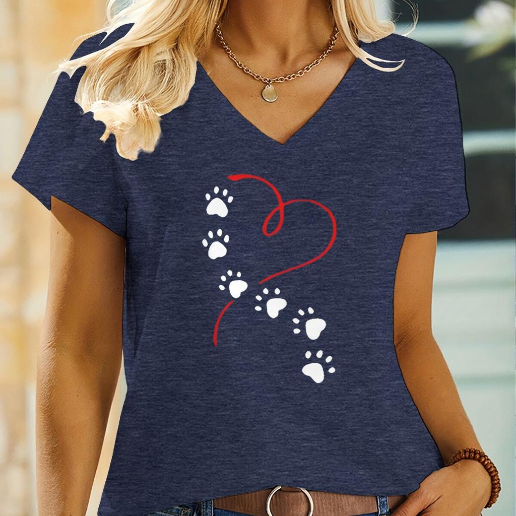 Dog Lover Harajuku Fashion Tops Heart Dog Paw Prints Tshirt Female Animal Heart Graphic Tshirts Ladies Casual Tops