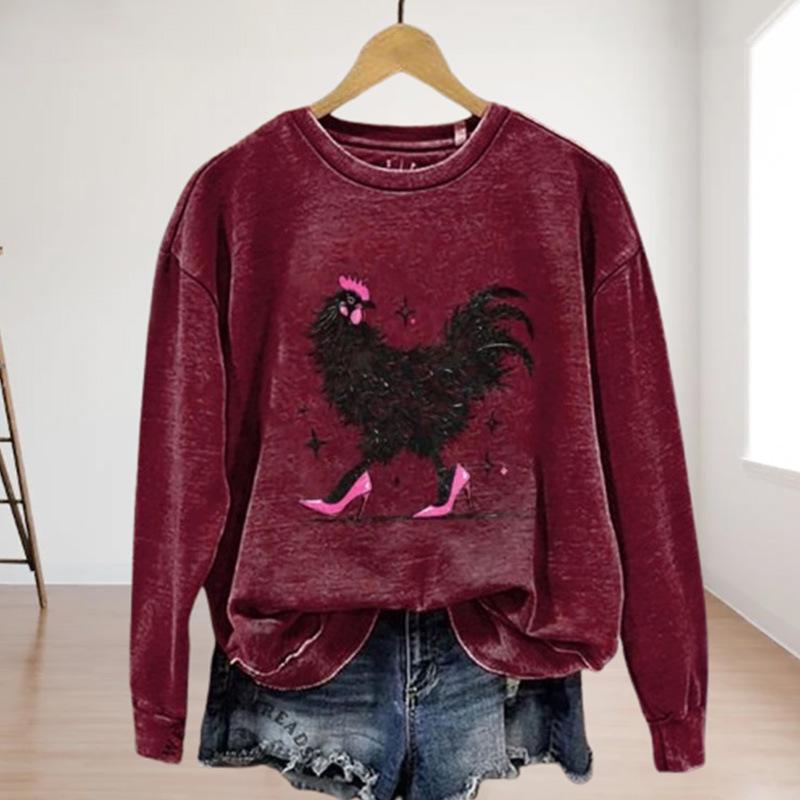 2025 Hot Selling Purple-Red Abstract Hen Print Round Neck Hoodie