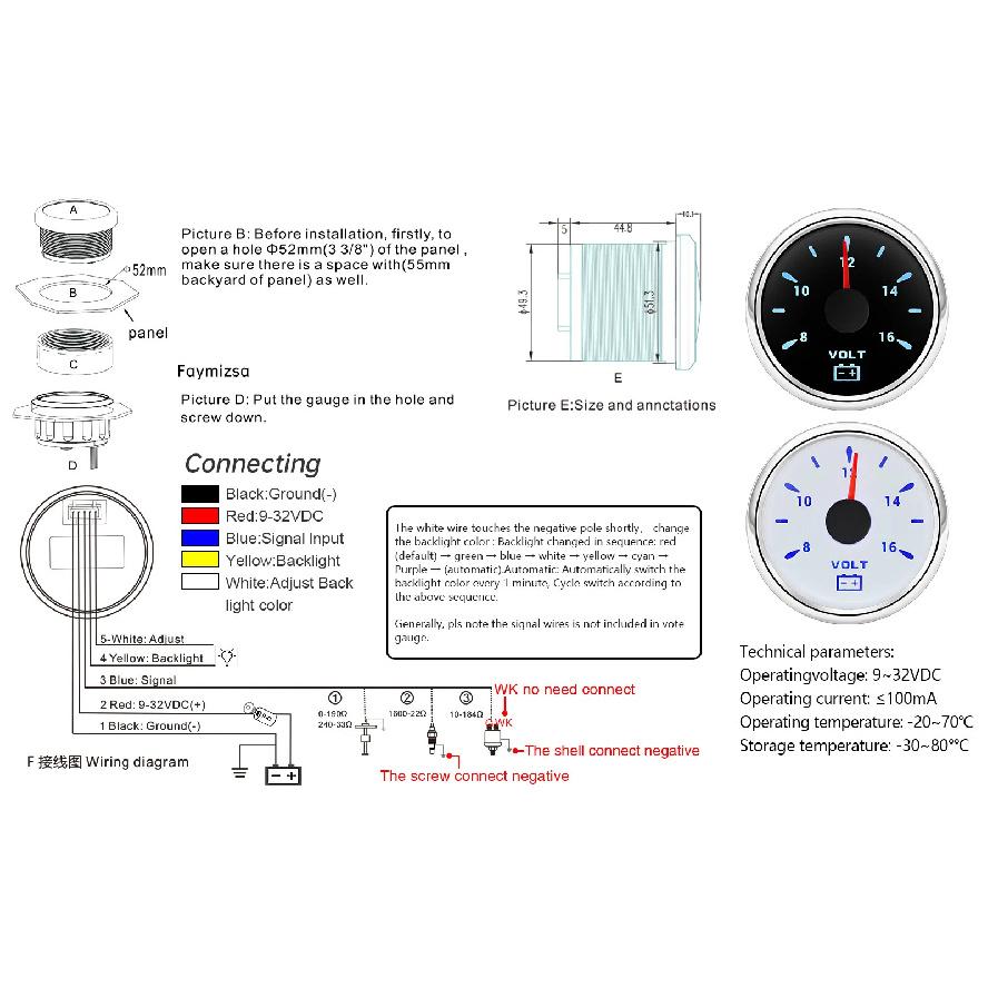 52MM Pointer Voltmeter Waterproof 7 Colors Backlight Voltage Meter 8-16V 16-32V VOLTS for 12V 24V Car Auto Boat Yacht RV Marine