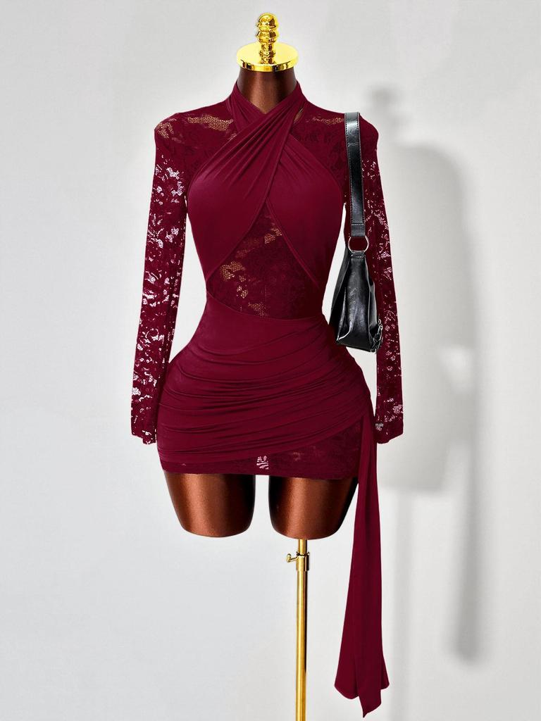 2025 Spring/Autumn Women's Lace Halter See-through Bodycon Dress