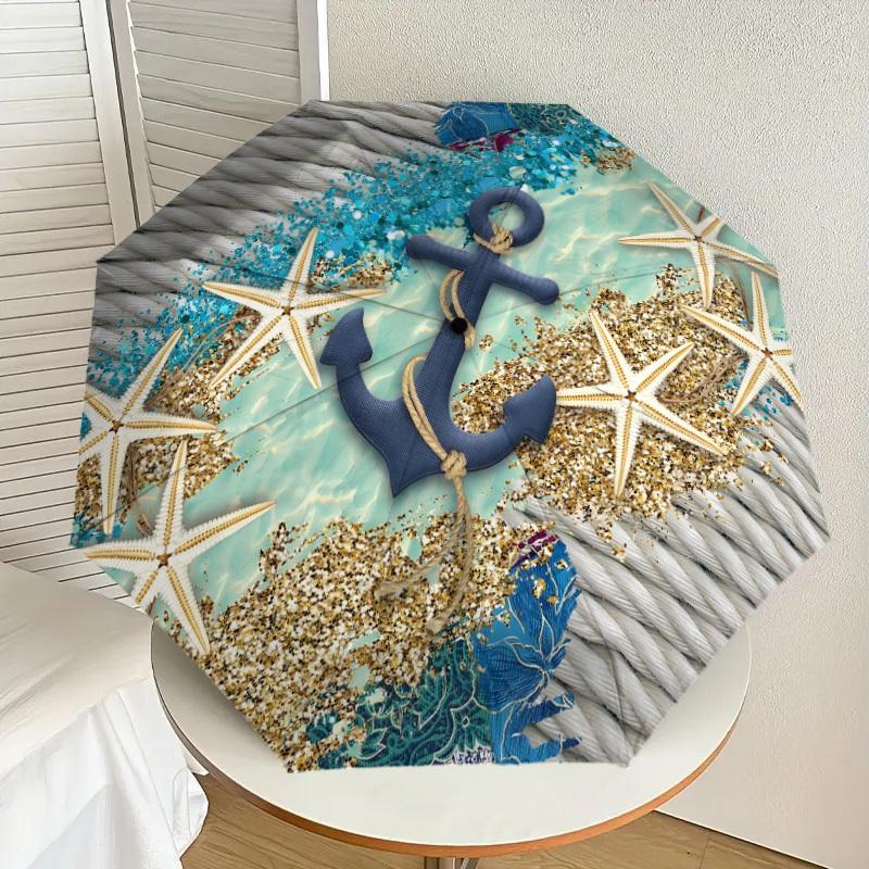 1pc Nautical Coastal Decor Anchor Starfish Rope Umbrella with Plastic Handle,Suitable for All Seasons Home Travel Outdoor UmbrellaDD1586